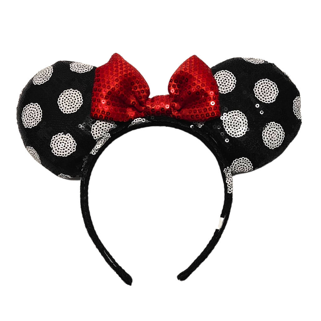 Headband With Minnie Mouse Ears, Black and White Polka Dots and Red Bow