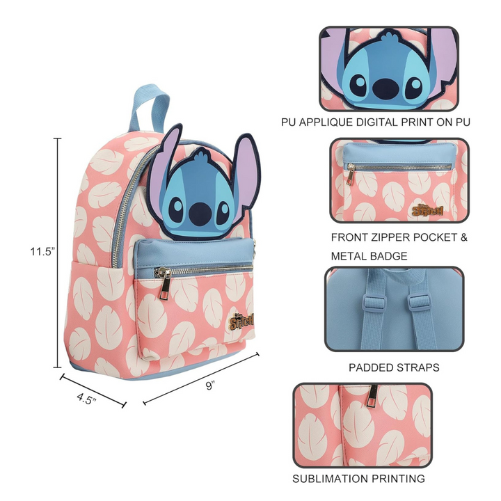 Disney Stitch Applique Character Head Pink Dress Pattern 10.6 Mini Backpack